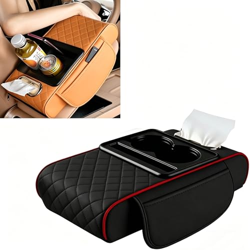 Multifunctional Car Armrest Cover with Cup Holder, Universal Fit Center Console Cover, High Resilience Foam, Tissue, Phone Stand and Multi Pocket Organizer (Black Red) - color: Black Red