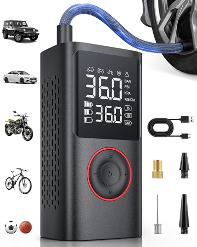 Powools Tire Inflator Portable Air Compressor, 150 PSI Cordless Bike Pump, Air Pump for Auto, Motorcycle, Bicycle, Balls with Pressure Gauge, LED Light & Car Accessories, Black, Large Capacity - color: Black, size: Large Capacity