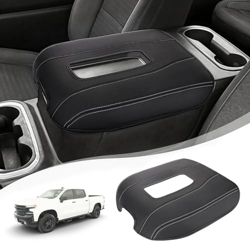 Center Console Armrest Cover for Chevy Chevrolet Silverado 1500/GMC Sierra 2019-2026, Yukon/Tahoe/Suburban 2021-2026, PU Leather Middle Console Lid Protector Cushion Thick Pad Black-Gray(Bucket Seat) - color: Black w/ Gray Stitch, size: Bucket Seat, Silve