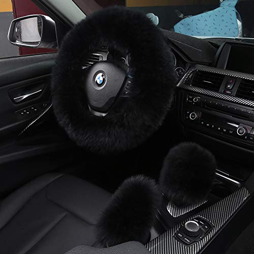 3Pcs Set Fashion Fluffy Fuzzy Wool Fur Soft Car Steering Wheel Cover with Handbrake Cover & Gear Shift Cover for Women/Girls/Ladies Auto Long Wool Accessories - color: Black, size: Long Wool