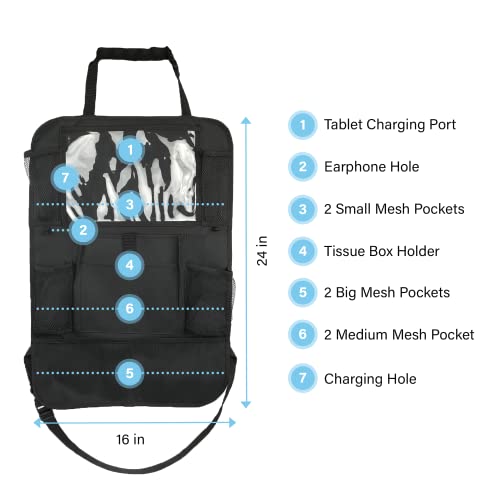 Car Seat Organizer With Touch Screen Tablet Holder And Multiple Pockets Waterproof Car Accessories Heavy Duty Oxford Fabric Backseat Car Organizer Protectors Kick Mats for Kids Toddlers - 2 Packs