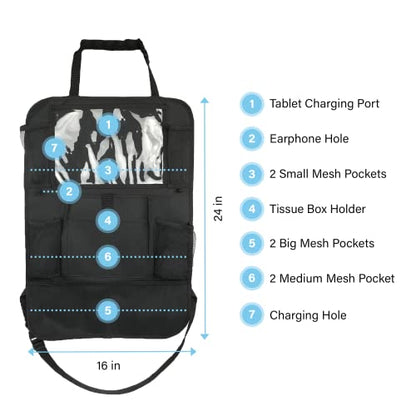 Car Seat Organizer With Touch Screen Tablet Holder And Multiple Pockets Waterproof Car Accessories Heavy Duty Oxford Fabric Backseat Car Organizer Protectors Kick Mats for Kids Toddlers - 2 Packs