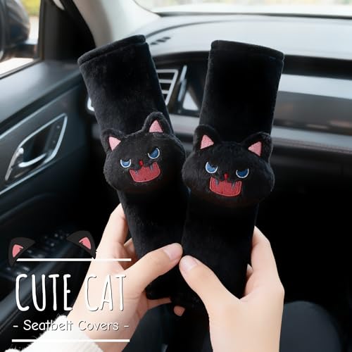 2 PCS Seat Belt Cover Pad, Cute Kawaii Animal Cat Seatbelt Covers for Kids, Soft Seatbelt Cushion, Car Seat Strap Pads (Black) - color: Black