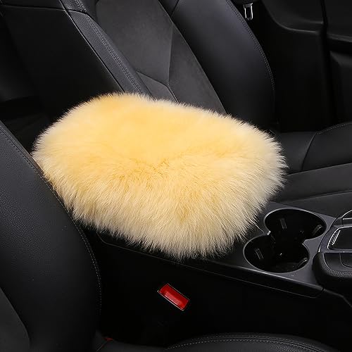 Genuine Sheepskin Center Console Cover Pad Genuine Furry Fluffy Wool Fur Car Armrest Cover Protector Universal Fit for SUV/Truck/Car - color: Long Wool-Beige