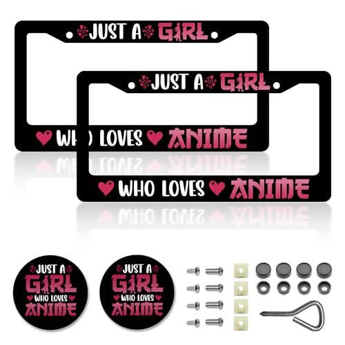 Anime License Plate Frames，Just a Girl who Loves Anime Car Accessories for Women ，Cute License Plate Holder，Aluminum License Plate Frame Fits Standard US Vehicles Size 12.2 x 6 Inch (Black-2pcs) - color: Black-2pcs