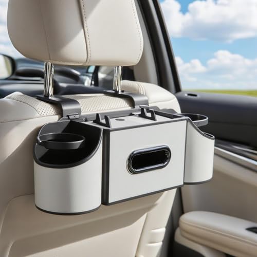 Back Seat Car Organizer,4 in 1 Multifunctional Car Back Seat Storage Box with Drink Cup Holder Tissue Box, for Hold Phone,Snacks, Drinks, Handbag-White - color: White