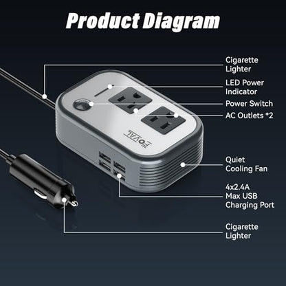 200W Car Power Inverter, FOVAL 12V DC to 110V AC Car Inverte with 4 USB Ports Car Outlet Adapter, Power Inverter for Vehicles, Car Plug Adapter Outlet for Laptop Computer Charger (Gray) - color: Grey