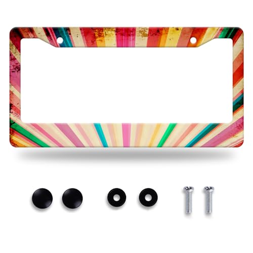 Retro Rainbow License Plate Frame Hippie Rainbow Stripes License Plate Stainless Steel Funny License Plate Holder Colorful Car Accessories Decoration With Screws Fits Standard Vehicles Size 12.3"x6.3" - color: Hippie Retro Rainbow Design