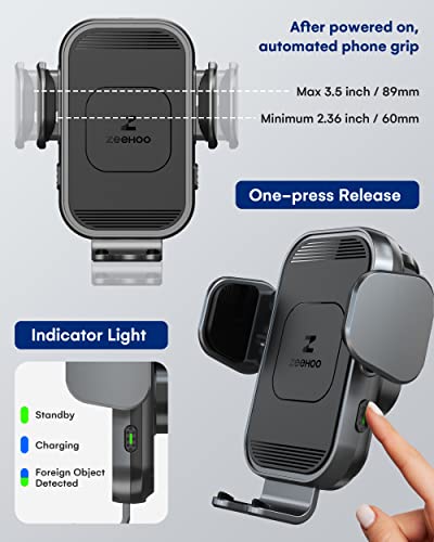 ZeeHoo Wireless Car Charger, 15w Fast Charging, Auto Clamping Car Phone Mount, Cell Phone Holder Charger, for iPhone 17 16 15 14 13 12 11 Pro Max Xs, Samsung Galaxy S23+ S22, Etc.(Grey) - color: Grey