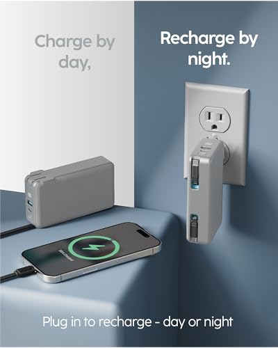 myCharge RetractaCharger 10000mAh Portable Charger Power Bank with 28-Inch Retractable 2 USB-C Cable | Built-in Wall Plug | 30W PD Fast Charging | USB-C & A Ports | Digital Display | Grey - size: 2 USB-C Cables