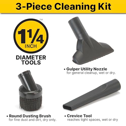 Shop-Vac 9064300 1.25 Inch Diameter Cleaning Kit, Includes Round Brush, Crevice Tool, and Gulper Nozzle, Black, Ideal for Upholstery, Blinds, and Car Interiors (1-Pack)