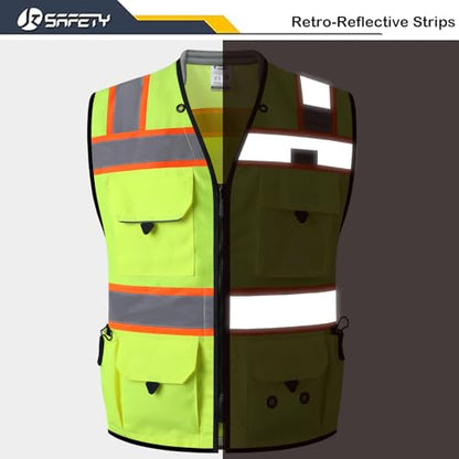 JKSafety Hi-Vis Unisex Surveyor Safety Vest Heavy Duty PPE Inner Pockets ANSI/ISEA Compliant - color: 188-yellow, size: X-Large
