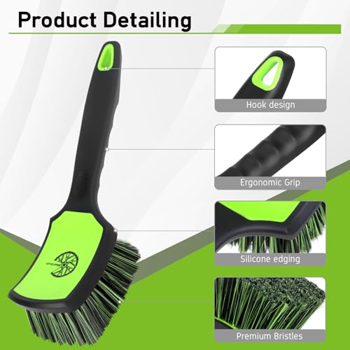 MVEQRRN 2-Pack Car Wheel Tire Detailing Brush Set:Wheel Cleaner Brush with Soft Bristles,Stiff Bristle Cleaning Brush with Rubber Handle for Deep Clean Car Tire Rims, Fenders or Carpet(Black Green) - color: black green