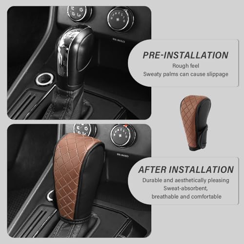 Stacool Leather Gear Shift Cover Diamond Embroidery Design,Durable Shift Knob Cover for Shift Lever Protection,Universal Car Gear Shift Cover Car Accessory Suitable for Cars,Trucks,SUVs (Black/Brown) - color: Black/Brown