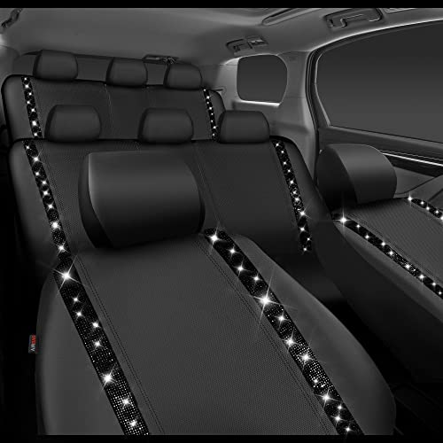 CAR PASS Bling Diamond Car Seat Covers,Shining Rhinestones Waterproof Faux Leather, 8 Seats 3 Rows with Zipper Glitter Crystal Sparkle Strips Universal Fit 95% MPV,SUV,CAR for Women Girl, Black - color: Solid Black Seats Eight, size: Full Set