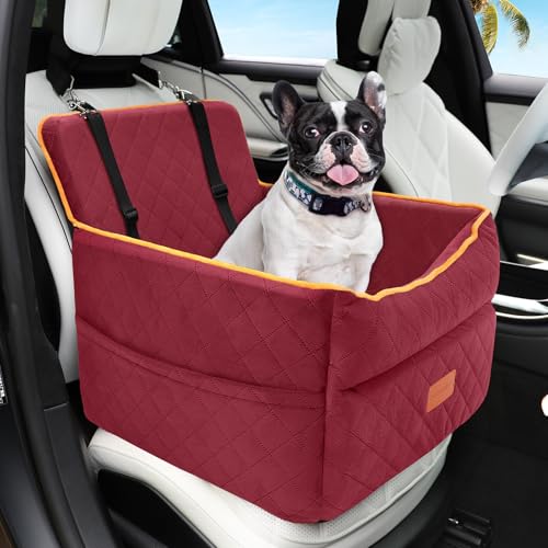 HEGGCOOE Dog Car Seat for Small Medium Dogs, Memory Foam Puppy Dog Booster Seat with Thick Cushion for Dogs Under 35lbs, Detachable Washable Pet Car Seat Travel Bed with Storage Pockets,2 Safety Belts - color: Red