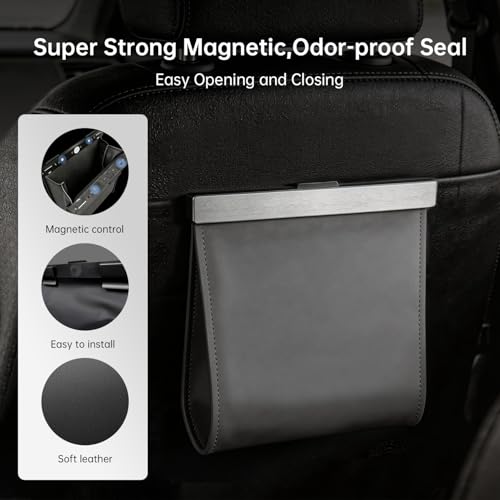 Leather Car Trash Can with Smart LED Light & Magnetic Closure, Hanging Car Trash Bag, Small Car Trash Can, Leak-Proof, Odor-Lock Car Trash Bin for Any Cars, Sedans, SUVs, Trucks, Black