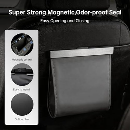 Leather Car Trash Can with Smart LED Light & Magnetic Closure, Hanging Car Trash Bag, Small Car Trash Can, Leak-Proof, Odor-Lock Car Trash Bin for Any Cars, Sedans, SUVs, Trucks, Black
