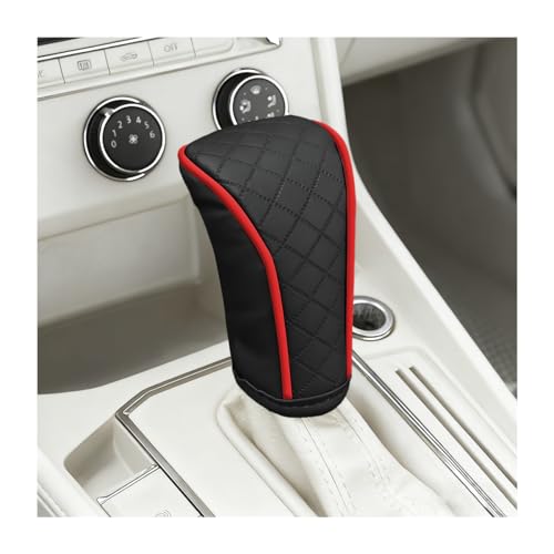 Car Gear Shift Cover, Leather Anti-Slip Waterproof Vehicle Stick Shifting Handle Protector, Breathable Automotive Interior Gear Shifter Knobs Decorative Cover, Universal Fit (Black/Red) - color: Black/Red
