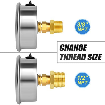 MEANLIN MEASURE 0~100Psi Stainless Steel 1/4" NPT 2.5" FACE DIAL Liquid Filled Pressure Gauge WOG Water Oil Air Center Back Mount, with 1/2" NPT and 3/8" NPT Hex Bushing - size: 0-100Psi