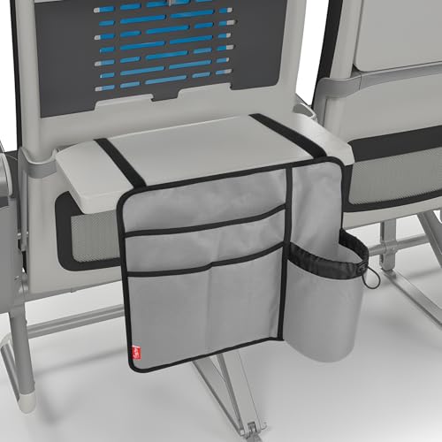 Airplane Seat Back Organizer & Storage, Airplane Tray Table Cover for Personal Items, Airline Seat Hanging Pockets Media Pouch,Reusable Travel Essentials,Fits Tablets,Cell Phone,Water Bottle (Grey) - color: Grey