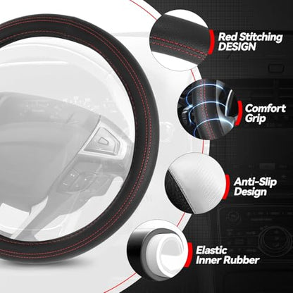 Auto Dynasty Car Steering Wheel Cover, Microfiber Leather Steering Wheel Covers Protector with Anti-Slip Inner Lining, Universal 14.5 to 15 Inch Car Interior Accessories, Red Stitching - color: Stitched Red B