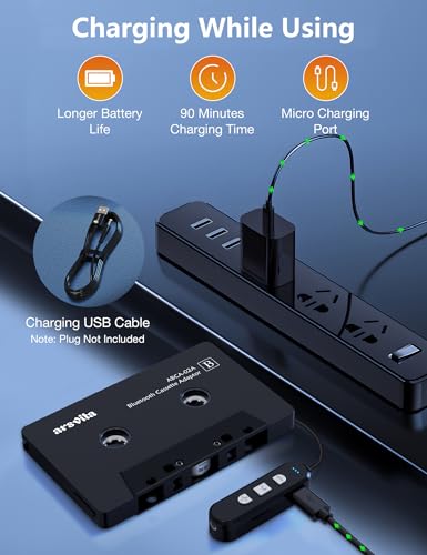 arsvita 5.1 Bluetooth Cassette Adapter, Car Audio Bluetooth Cassette Receiver, Cassette Bluetooth Adapter for Car Support Micro SD Card, Hands-Free Call, Black, Type BCA02