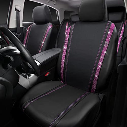 CAR PASS Bling Diamond Car Seat Covers Full Set, Shining Rhinestone Waterproof Faux Leather, Rear with Zipper, Universal Fit Automotive Glitter Crystal Sparkle Strips for Women Girl, Black Pink - color: Pink Diamond, size: Full Set