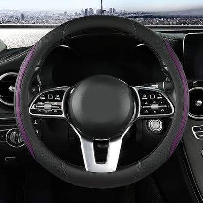 Car Steering Wheel Cover, Leather Steering Wheel Cover Purple Universal 14.5-15 Inch Microfiber Leather Anti-Slip Breathable Auto Steering Wheel Covers for Men Women (Black&Purple) - color: Purple
