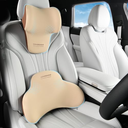 Coverado Lumbar Support and Headrest Pillow for Car, Memory Foam Ergonomic Head Neck Support Pillow for Driving Seat, Back Support and Pain Relief, Seat Cushion for Car, Driver, Office - color: Beige2, size: 2 Peices