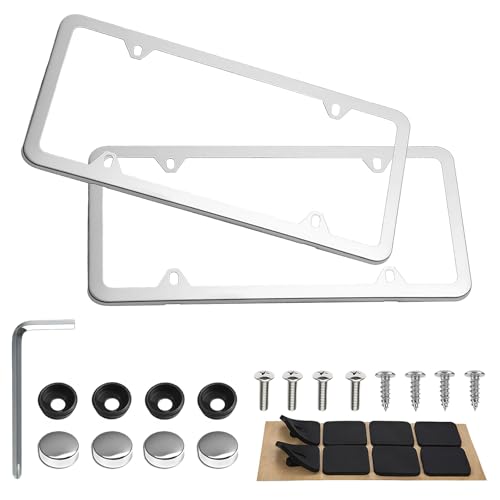2 Pack Stainless Steel License Plate Frames - Mirror Polish License Plate Cover with 4 Hole Design, Universal US Vehicle Tag Holder for Women & Men with Screws Washers Caps, Gloss Sliver - color: Silver, size: 4 Holes