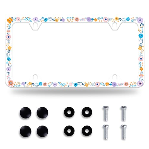 Colorful Flowers License Plate Frame Colorful Wildflower Floral License Plate Frames Stainless Steel Accessories Cars Decor with 4 Holes and Screws Fits Standard US CA Vehicles Size 12.2 x 6 Inches - color: Colorful flowers