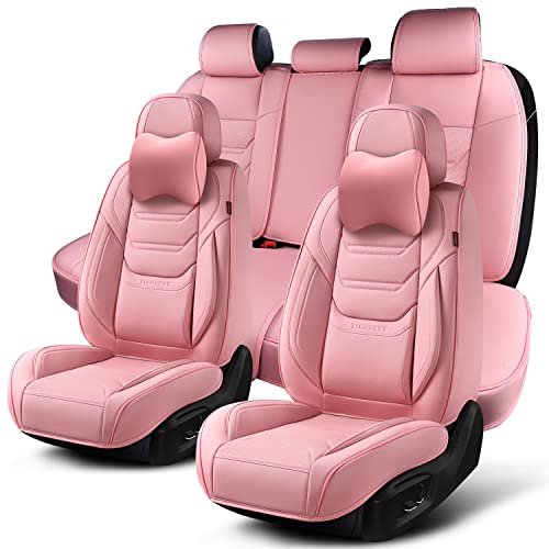 TIEHESYT Pink Car Seat Covers Full Set, Breathable Leather Automotive Front and Rear Seat Covers with Headrest, Waterproof Auto Seat Protectors Fit for Most Sedans SUV Pick-up Truck - color: Cute Pink, size: Front Pair and Rear
