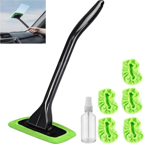 Car Windshield Cleaner Tool – Detachable Handle Windshield Cleaning Wand with 5 Reusable Pads & 30ml Sprayer, Inside Car Window Cleaner for Windshield, Mirrors & Glass