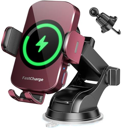 BothLin Wireless Car Charger, Fast Charging Phone Holder 3 in 1 Phone Mount Auto Clamping Car Accessories Compatible with iPhone 17 16 15 14 13 12 11 Xs XR, Samsung S23 Ultra S22 S21 S20(Deep Red) - color: Deep Red