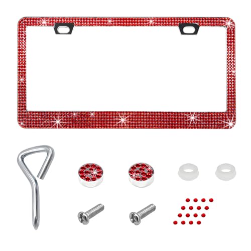 Bling License Plate Frame, Stainless Steel Glitter Crystal Diamond License Plate Cover Holder, Sparkly Bedazzled Rhinestone Car Tag Covers for Women, Car Accessories (Red) - color: Red, size: 1PCS