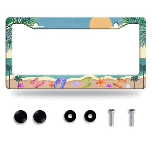 Summer Beach License Plate Frame Flip Flops License Plate Stainless Steel Funny License Plate Holder Personalized Beach Car Accessory Decoration 12.3" x 6.3"for Men Women - color: Funny Summer Beach With Flip Flops