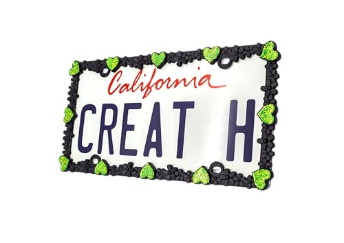 Creathome 3D Shining Daisy Heart License Plate Frame from Pure Zinc Alloy Metal Perfect Plate Holder, Matt Black with Green Glitter, Luminously Heart - color: Matt Black with Green Glitter, Luminously Heart