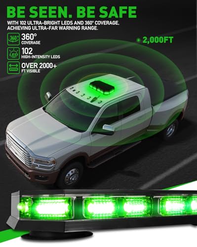 HLauto 406D Rooftop Emergency Strobe Lights Bar, 102 LED Green Mini Beacon Safety Flashing Warning Traffic Lights Bar w/Magnetic Base for 12-24V Trucks, Construction Vehicles, Snowplow, Cars - color: Green