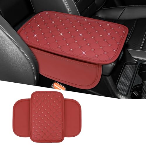 wuyaoyao Bling Car Center Console Cover, 11.81"×7.87" Leather Auto Arm Rest Cover Protector with 2 Storage Bags, Vehicle Crystal Rhinestone Armrest Cushion Pad, Interior Car Accessories (Wine Red) - color: Wine Red