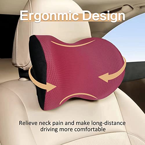 Super Great Car Headrest Pillow, Car Pillow for Neck Pain Relief with Adjustable Strap, 100% Memory Foam & Breathable Removable Cover, Ergonomic Design - Softness Travel Car Neck Pillow(Wine-Red, 1PC) - color: Red