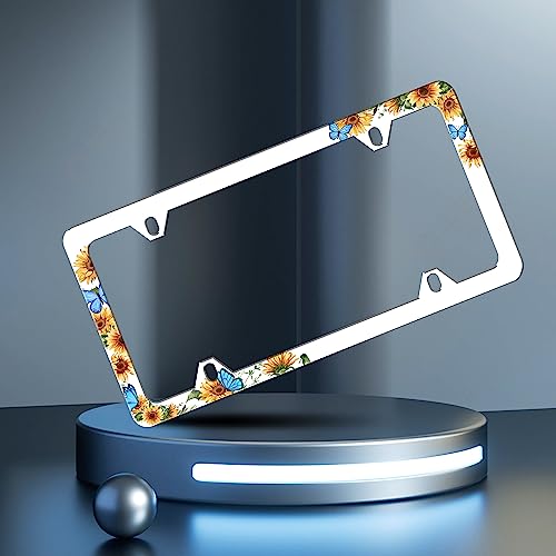 2 Pieces Blue Butterfly Sunflower License Plate Frame Funny License Plate Frames Personalise Stainless Steel Design Compatible with Standard License Plate Holder for USA and Canada 6 X 12 with Screws - color: Blue Butterfly Sunflower 2 pieces