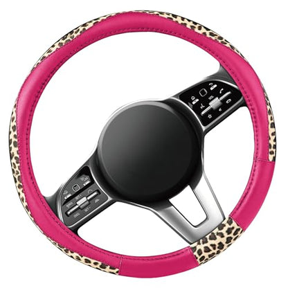 Road Comforts Steering Wheel Cover - Made with PVC Leather and Leopard Fabric - Universal 14 1/2 inches to 15 inches for Most Automotive Steering Wheel - Cheetah Print -Hot Pink - color: Round-Hotpink