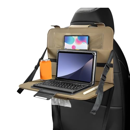 Car Steering Wheel Tray, Foldable Car Laptop Desk Eating Food Tray with Transparent Holder & Tissue Box, Adjustable Back Seat Headrest Table for in-Car Dining Working Studying (Beige) - color: Beige
