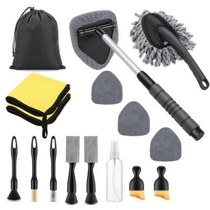 17Pcs Car Cleaning Kit Windshield Cleaner Tool with 3 Extra Microfiber Pads Car Interior Detailing Brushes Dash Duster & Microfiber Towels All-in-One Car Cleaning Supplies for Women Men