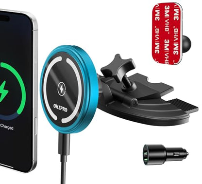 OHLPRO 15W Magsafe Car Mount Charger for iPhone 17, Fast Wireless Charging Magnetic CD Slot Holder with 3M Adhesive Base for Dashboard, Aluminum Shell, Compatible with iPhone 16 15 14 Series, Blue - color: Blue