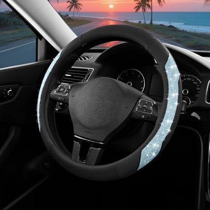 PIC AUTO Steering Wheel Cover, Light Blue Sparkly Crystal Bling Glitter with Leather, Universal Fit 14.5"-15.5" Steering Wheels for Girls & Women, Anti-Slip Wheels Cover for Cars, Trucks, Van, SUVs - color: Light Blue Glitter