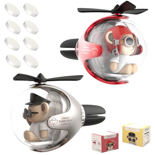 2Pcs Pilot Car Air Freshener, Cute Bear Car Vent Clip Air Freshener Automotive Air Outlet Fan Diffuser, Automotive Interiors Vent Decoration (Silver+Red) - color: Silver+Red