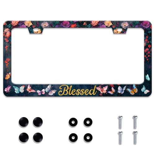 Personalized License Plate Frame Blessed Butterfly Flower Stainless Steel Accessory License Plate Holder Funny Car Decorative 2 Holes Screws Fits Us Standard License Plates 12.2 X 6.3 In For Men Women - color: Blessed Butterfly Flowers