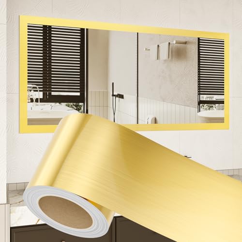 Peel and Stick Wallpaper Borders 390” x 2.36” Self Adhesive Mirror Frame Border Brushed DIY for Kitchen Bathroom Mirror Removal Border Sticker Wall Decor Cover 6.4 Sq.Ft, Brushed Golden - color: Brushed Golden, size: 2.4" x 390"